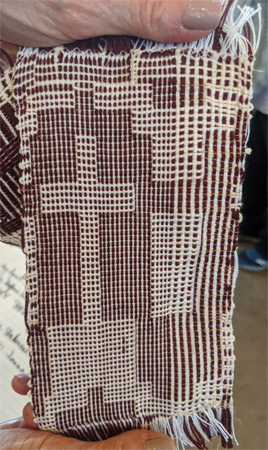 Harkening back to Margaret's challenge project, she brought another undulating twill shawl (tencel warp/silk weft). And she wove two more rugs and a sample for a stole for a friend's brother who is a priest.