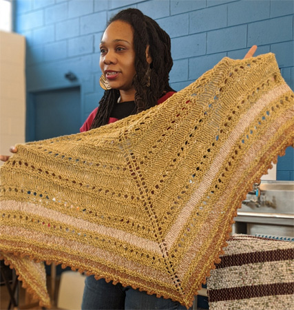 Melvenea brought two shawls she had knit using several colors of naturally colored cotton she had handspun.
