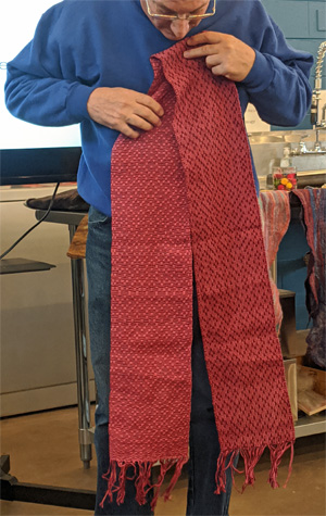 Tom wove a cotton scarf for Mary using a barley corn weave pattern.