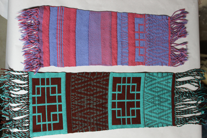 From Tom: This is what I've been doing for the last three months. The red/blue one is my first attempt at doubleweave using the book Doubleweave by Jennifer Moore. I think I undid more than I did.