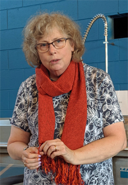 Mary brought this scarf to show us. She wove it using two colors (red and orange) of 8/2 tencel in a 4-shaft shadow weave.