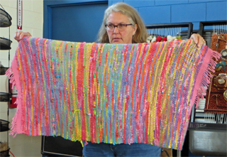 Donna wove this rug with a tie-dyed T-shirt weft