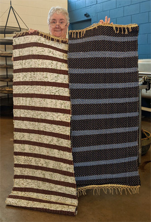 Harkening back to Margaret's challenge project, she brought another undulating twill shawl (tencel warp/silk weft). And she wove two more rugs and a sample for a stole for a friend's brother who is a priest.